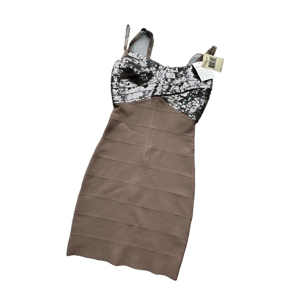 GUESS Sequin Bodycon Club Party Dress Taupe Brown Spaghetti Strap NWT Womens M